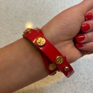 Tory Burch Red Leather Logo Wrap Bracelet